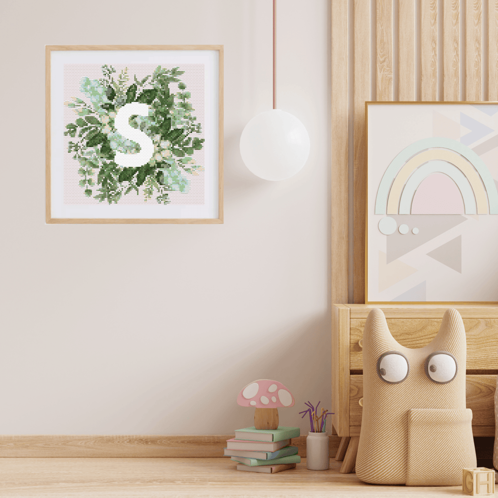 Monogram Cross-Stitch Pattern With Green Bouquet | Initial Cross Stitch Chart With Flowers and Leaves | Cross Stitch PDF