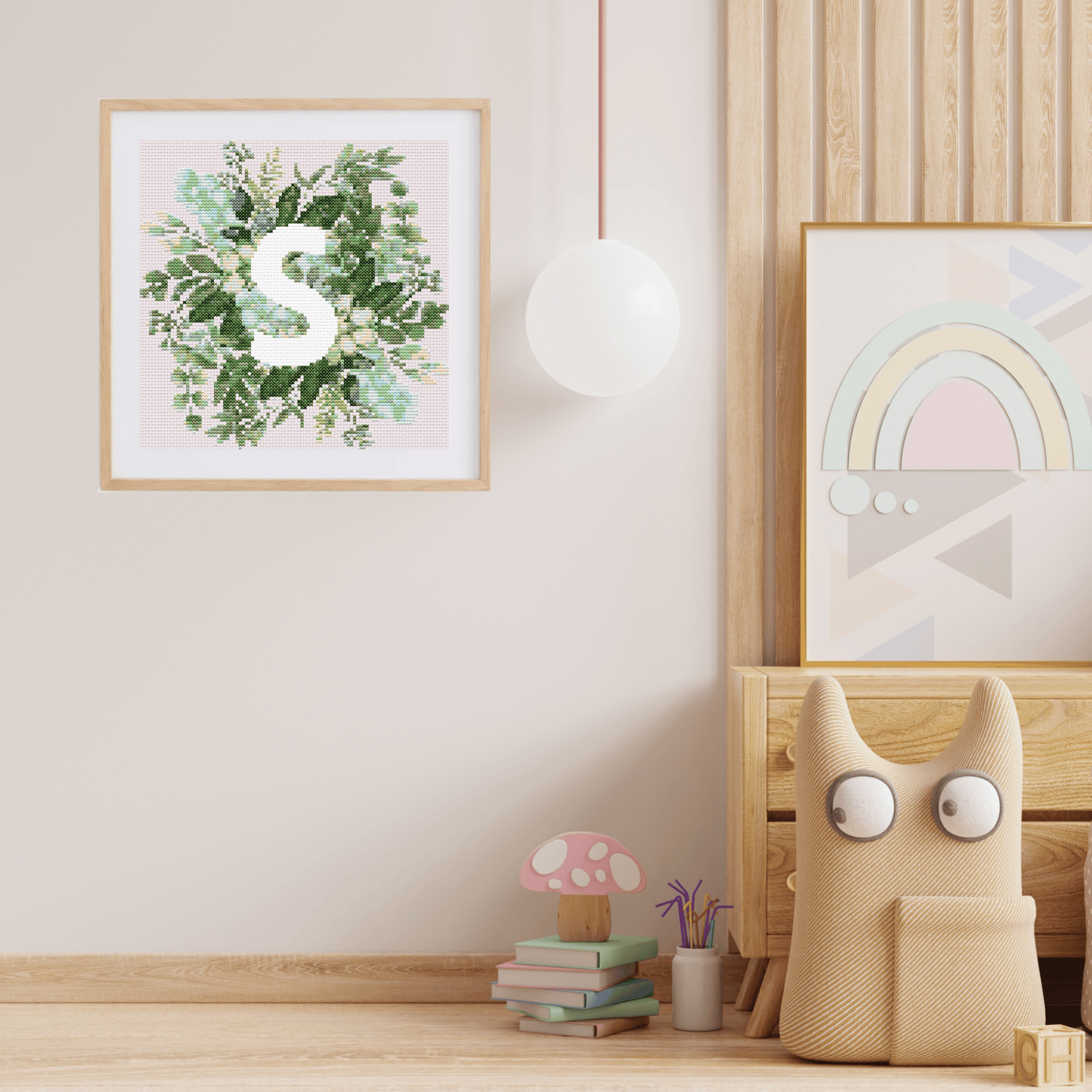 Monogram Cross-Stitch Pattern With Green Bouquet | Initial Cross Stitch Chart With Flowers and Leaves | Cross Stitch PDF