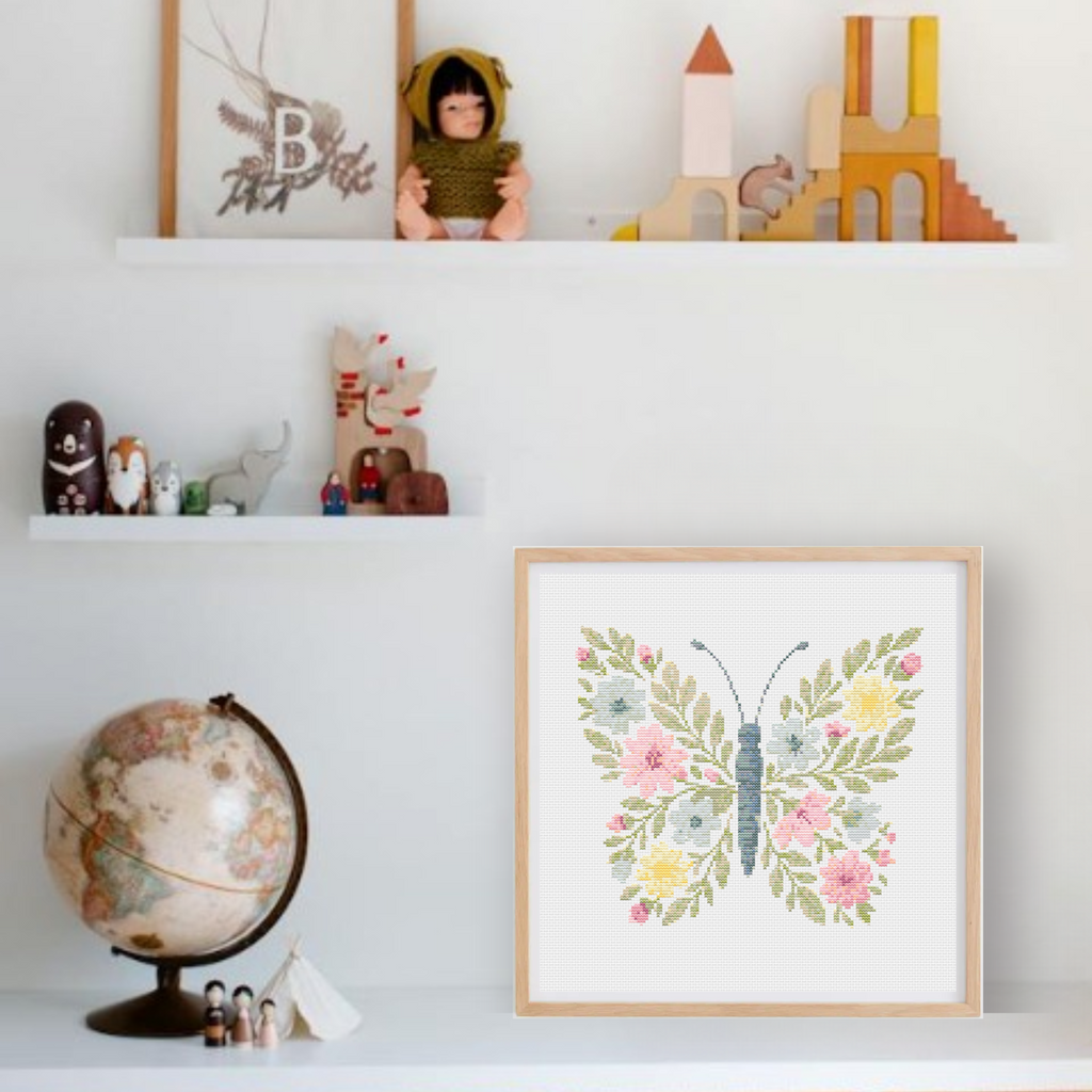 Flower Butterfly Cross Stitch Pattern | Cross Stitch Chart With Butterfly Made Of Pastel Flowers | Baby Cross Stitch Pattern in PDF & SVG