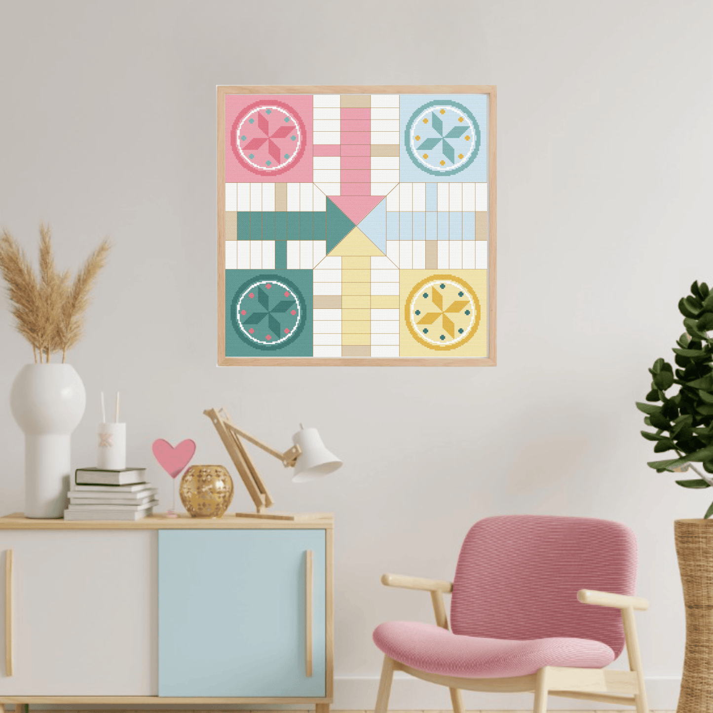 Parcheesi pastel cross-stitch pattern