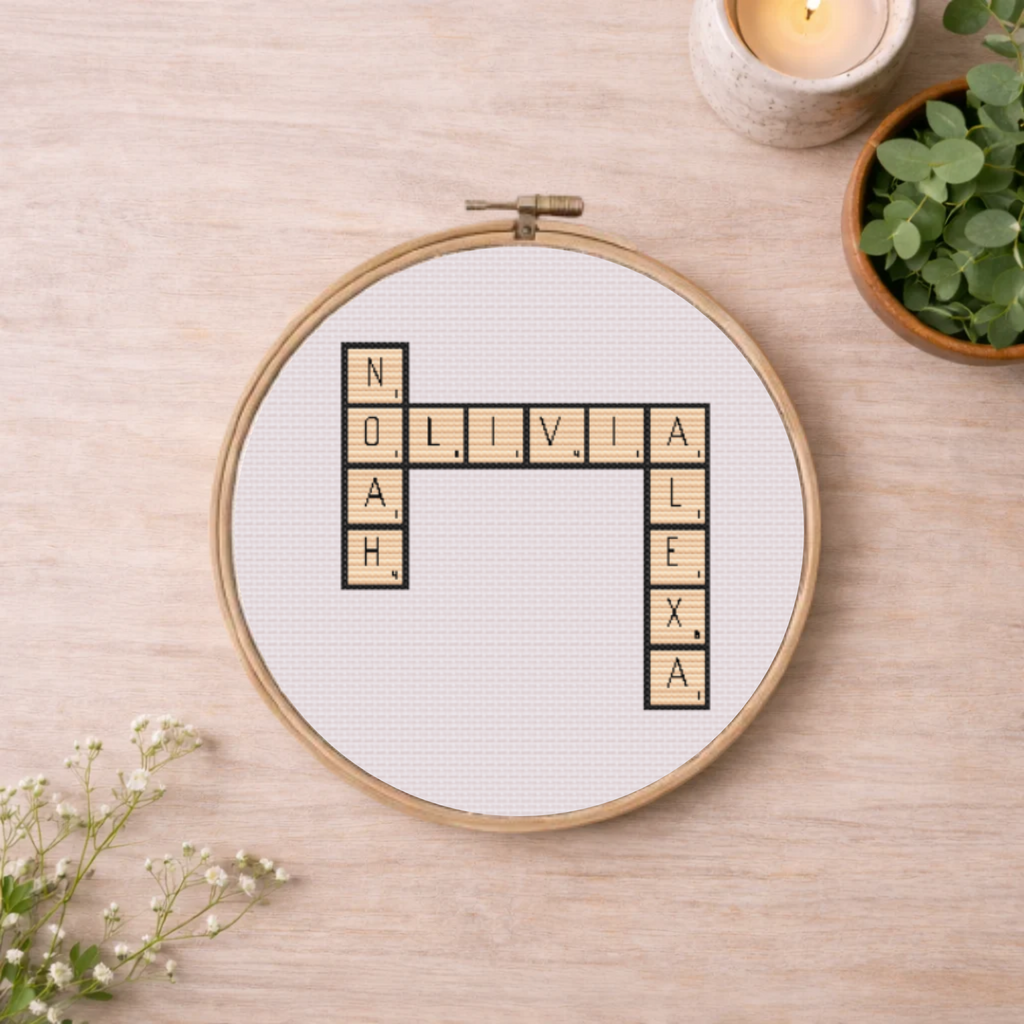 Scrabble Cross Stitch Alphabet – PDF Chart. Fun cross stitch alphabet inspired by the Scrabble letters. Full A-Z PDF in color & B/W + SVG file for digital stitching. Instant download.