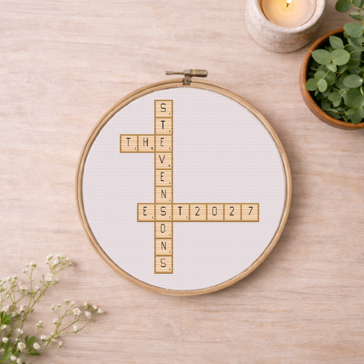Scrabble Cross Stitch Alphabet – PDF Chart. Fun cross stitch alphabet inspired by the Scrabble letters. Full A-Z PDF in color & B/W + SVG file for digital stitching. Instant download.