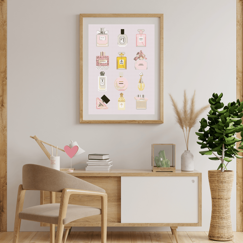 Perfumes Cross Stitch Pattern | Girly Cross Stitch Chart | Vanity or Bathroom Poster Cross Stitch Ideas PDF | Modern & Pretty Cross Stitch
