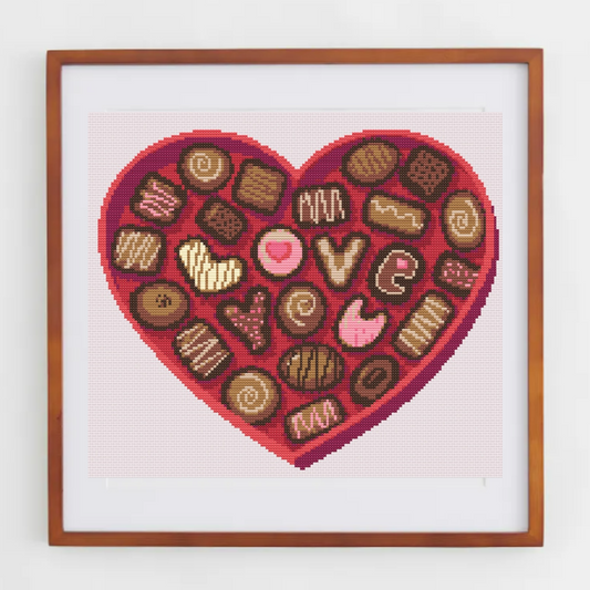 Chocolate Box Cross Stitch Pattern | Chocolate Box Cross Stitch Chart PDF | Valentines Cross Stitch Ideas