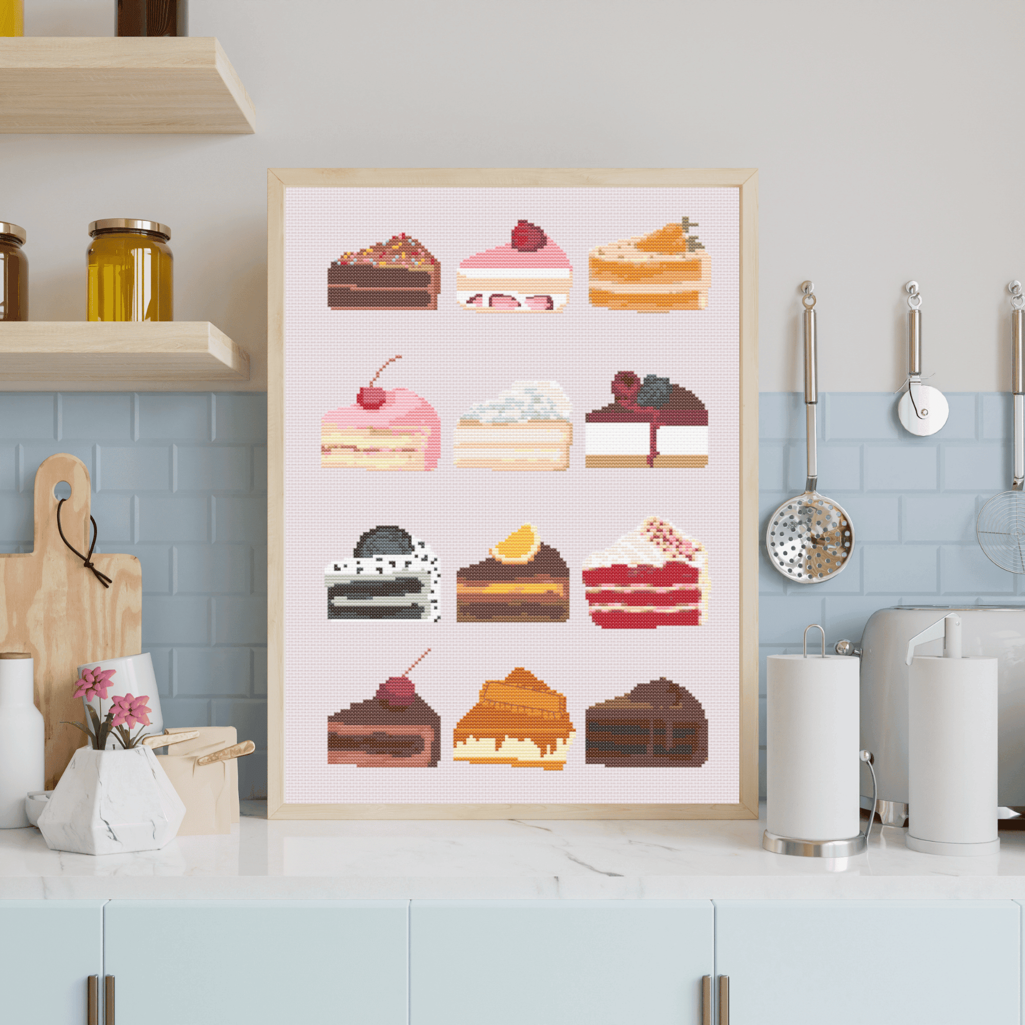 Cake Poster Cross Stitch Pattern | Cake Slices Cross Stitch Chart | Kitchen Decoration Cross Stitch Ideas PDF | Modern Food Cross Stitch