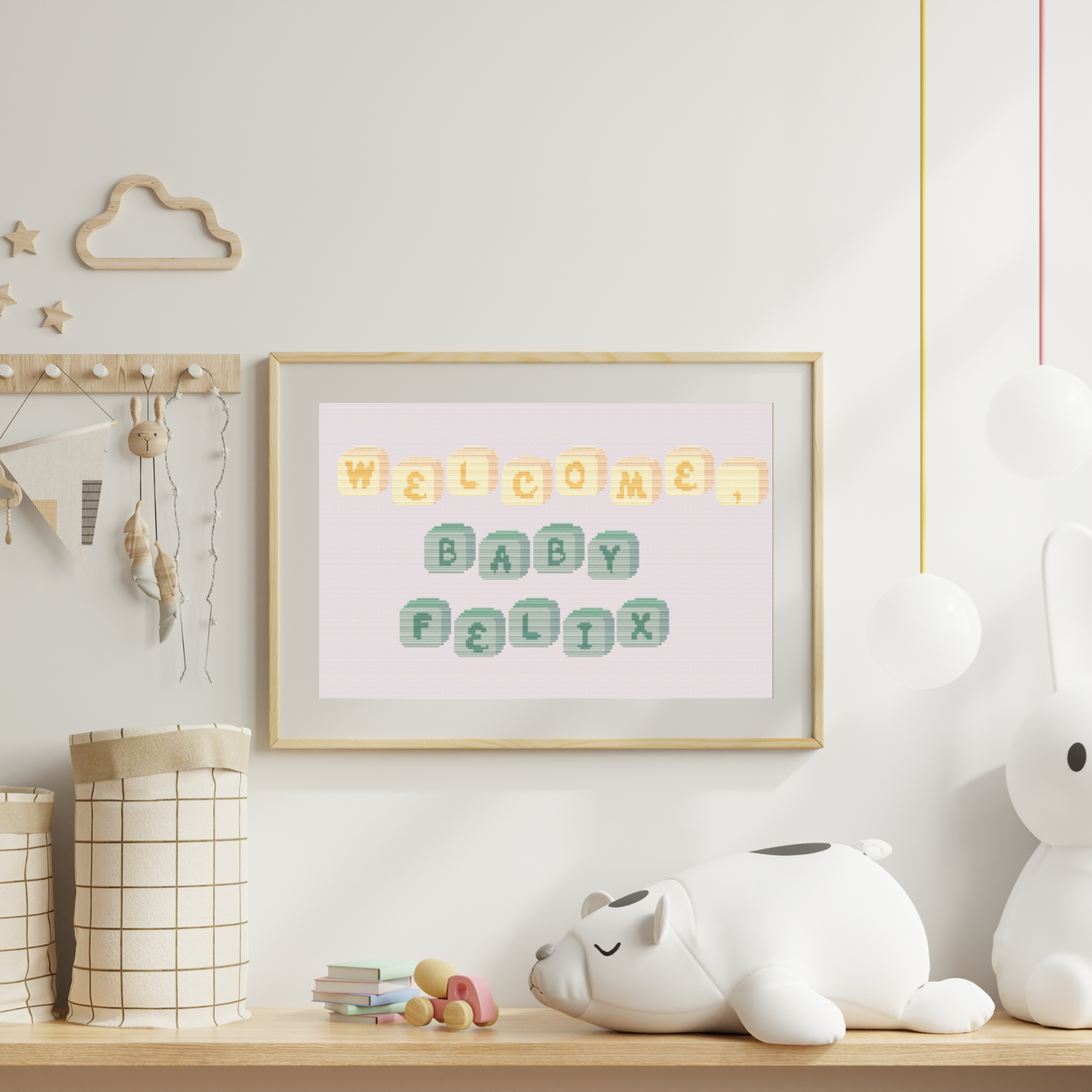 Baby ABC alphabet cross-stitch pattern. Medium cross stitch chart font made of baby cubes, including letters, numbers, and symbols.