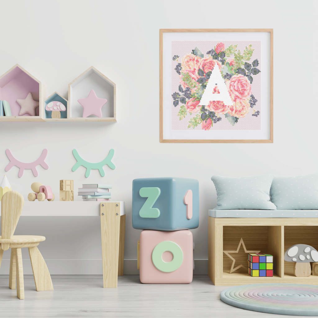 Monogram Cross-Stitch Pattern With Pink Roses | Initial Cross Stitch Chart PDF