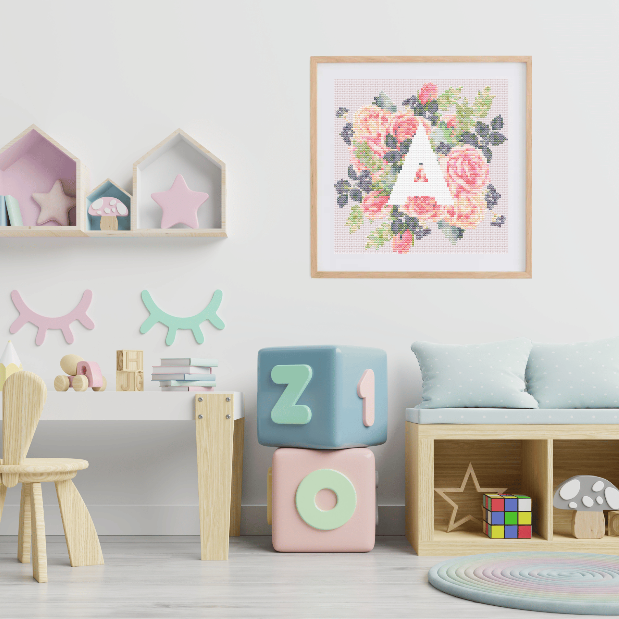 Monogram Cross-Stitch Pattern With Pink Roses | Initial Cross Stitch Chart PDF