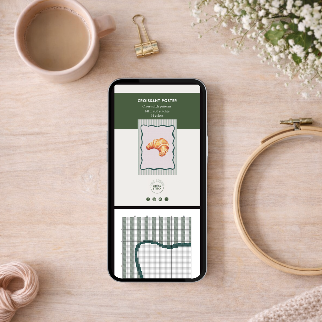 Croissant Poster Cross Stitch Pattern with Wavy Frame for Modern & Pretty Kitchen Decor (PDF Chart, Instant Download)