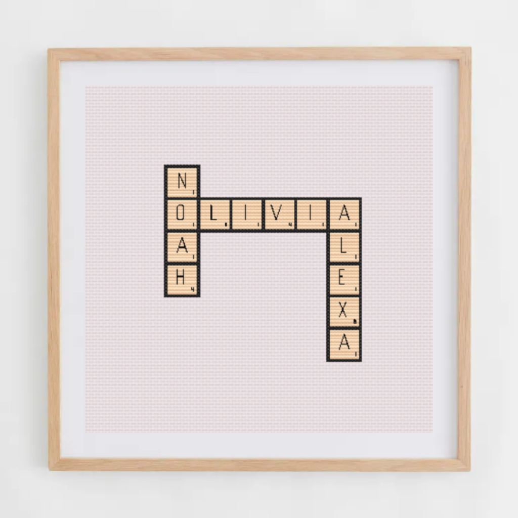 Scrabble Cross Stitch Alphabet – PDF Chart. Fun cross stitch alphabet inspired by the Scrabble letters. Full A-Z PDF in color & B/W + SVG file for digital stitching. Instant download.