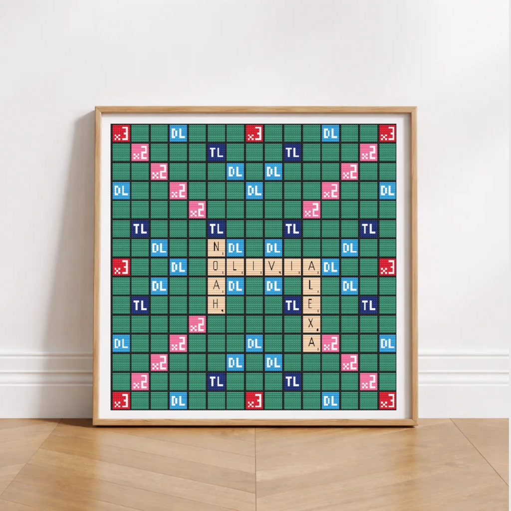 Scrabble Cross Stitch Alphabet – PDF Chart. Fun cross stitch alphabet inspired by the Scrabble letters. Full A-Z PDF in color & B/W + SVG file for digital stitching. Instant download.