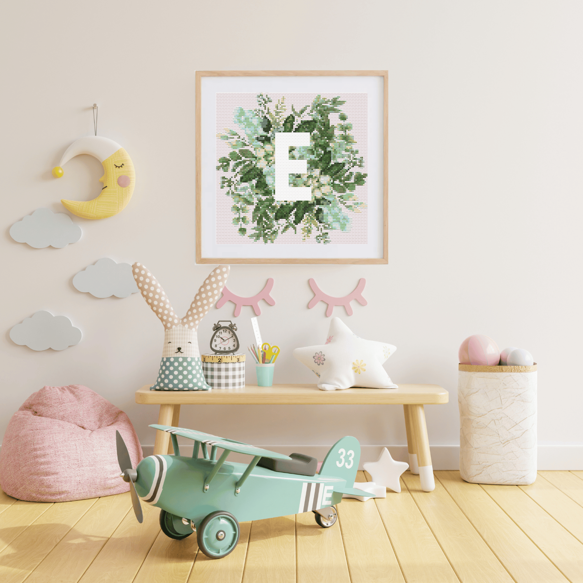 Monogram Cross-Stitch Pattern With Green Bouquet | Initial Cross Stitch Chart With Flowers and Leaves | Cross Stitch PDF