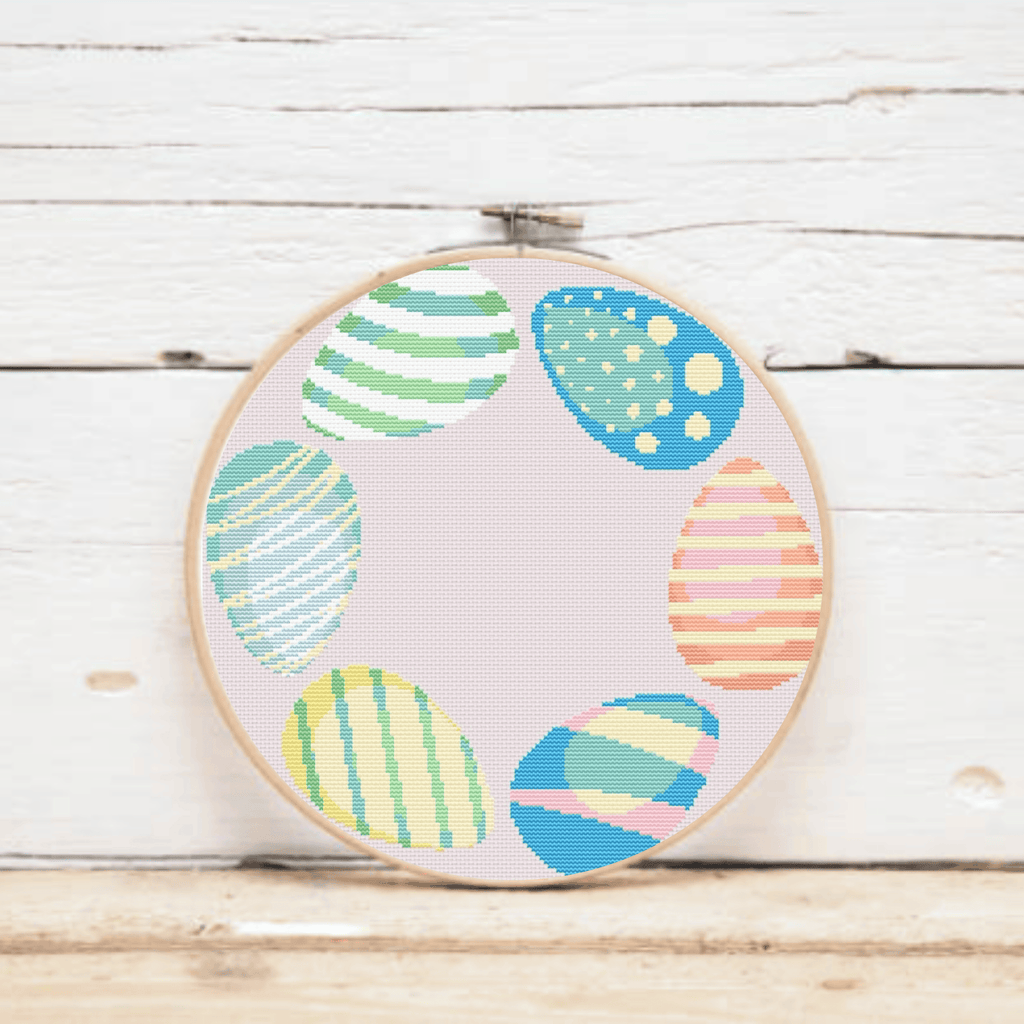 Easter wreath with blue eggs cross-stitch pattern | Easter cross stitch charts | Modern and pretty cross stitch ideas