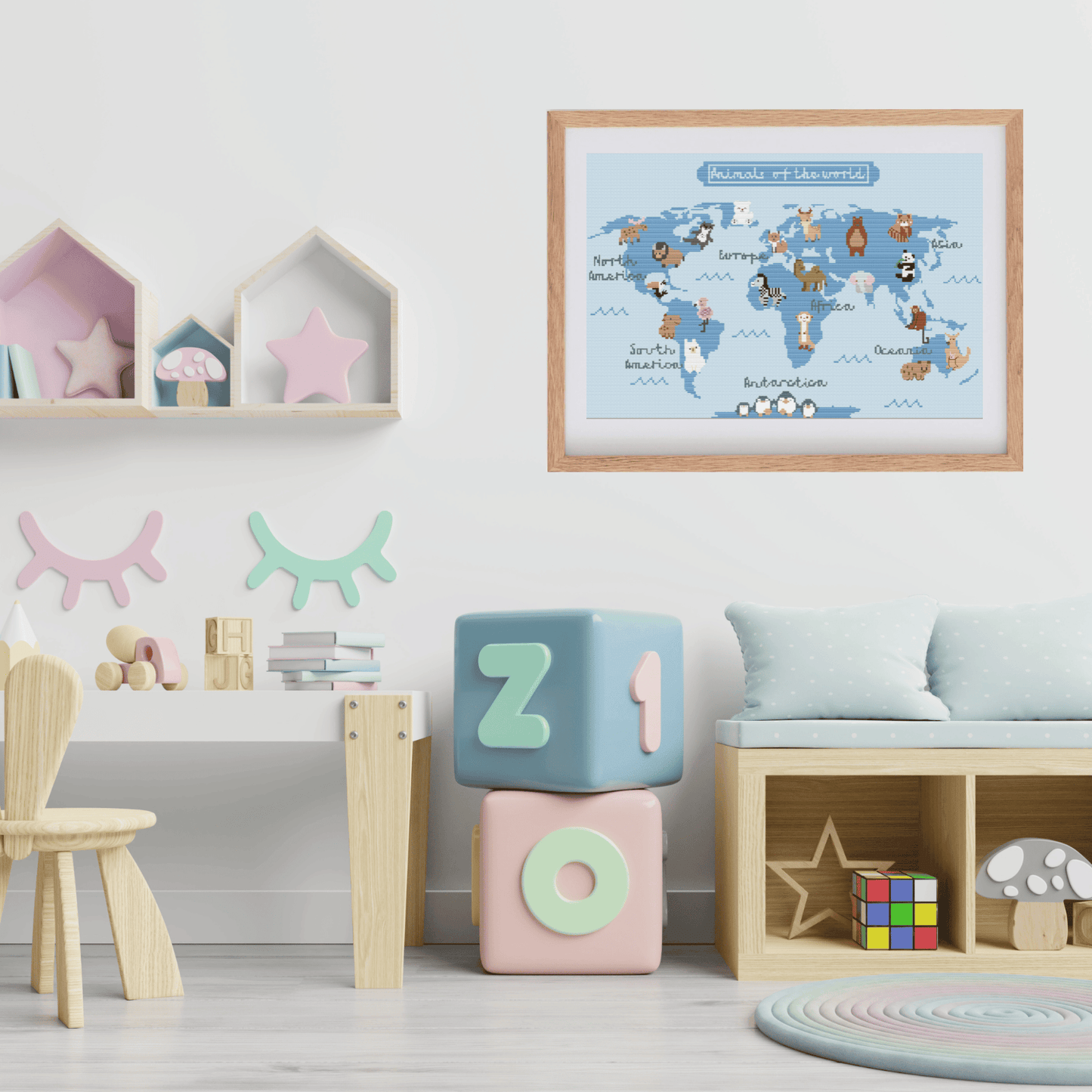 Animal mapamundi cross stitch pattern | World Map With Animals Cross Stitch | Nursery Decoration Cross Stitch