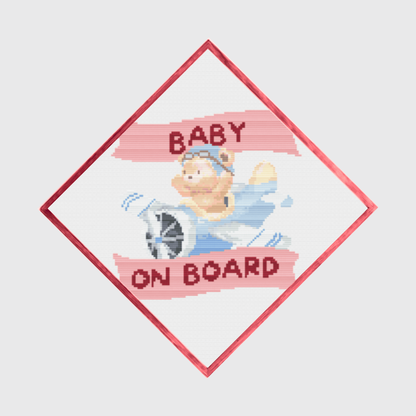 Baby on board sign cross-stitch pattern for your car, with a teddy bear on a plane.