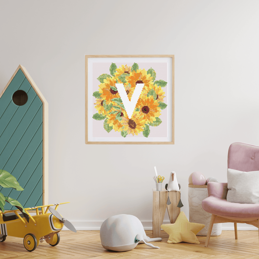 Initial Cross Stitch Pattern | Letter With Sunflower Cross Stitch Chart | Cross Stitch Monogram PDF