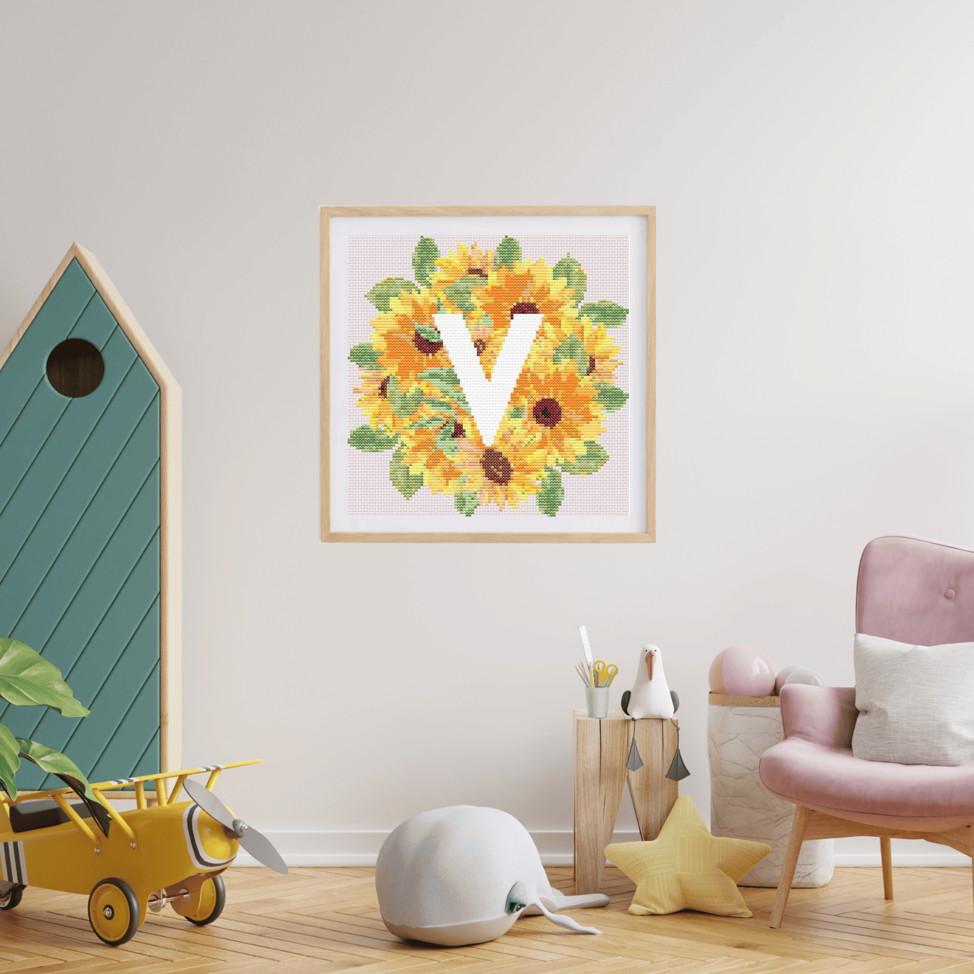 Initial Cross Stitch Pattern | Letter With Sunflower Cross Stitch Chart | Cross Stitch Monogram PDF