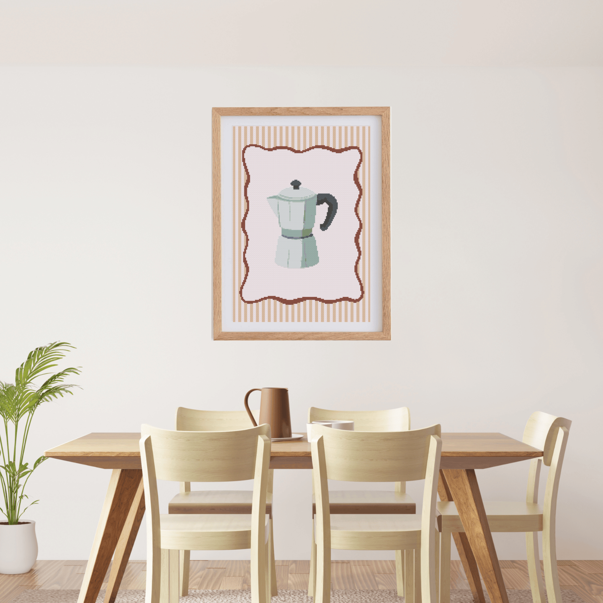 Moka Pot Poster Cross Stitch Pattern with Wavy Frame for Modern & Pretty Kitchen Decor (PDF Chart, Instant Download)