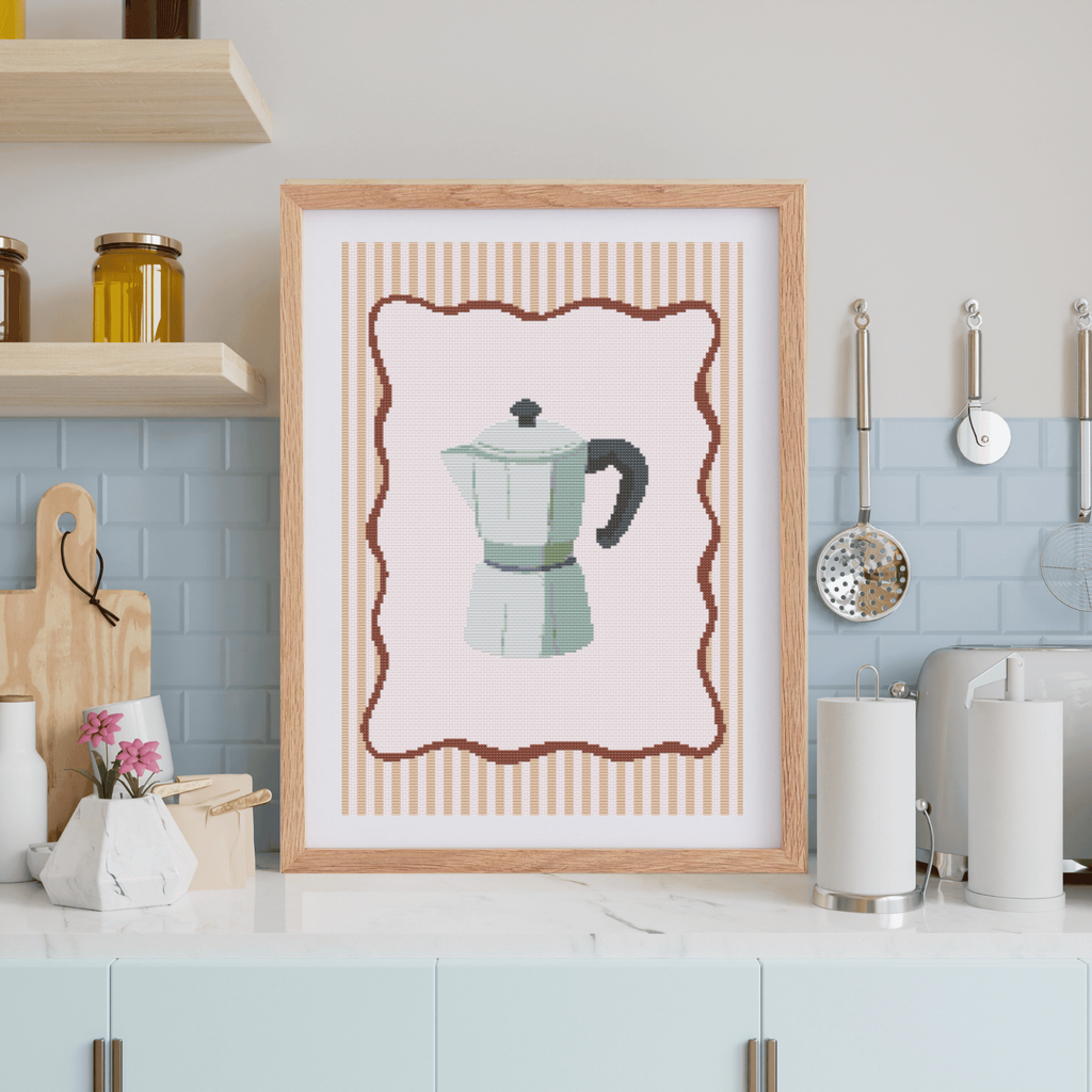 Moka Pot Poster Cross Stitch Pattern with Wavy Frame for Modern & Pretty Kitchen Decor (PDF Chart, Instant Download)