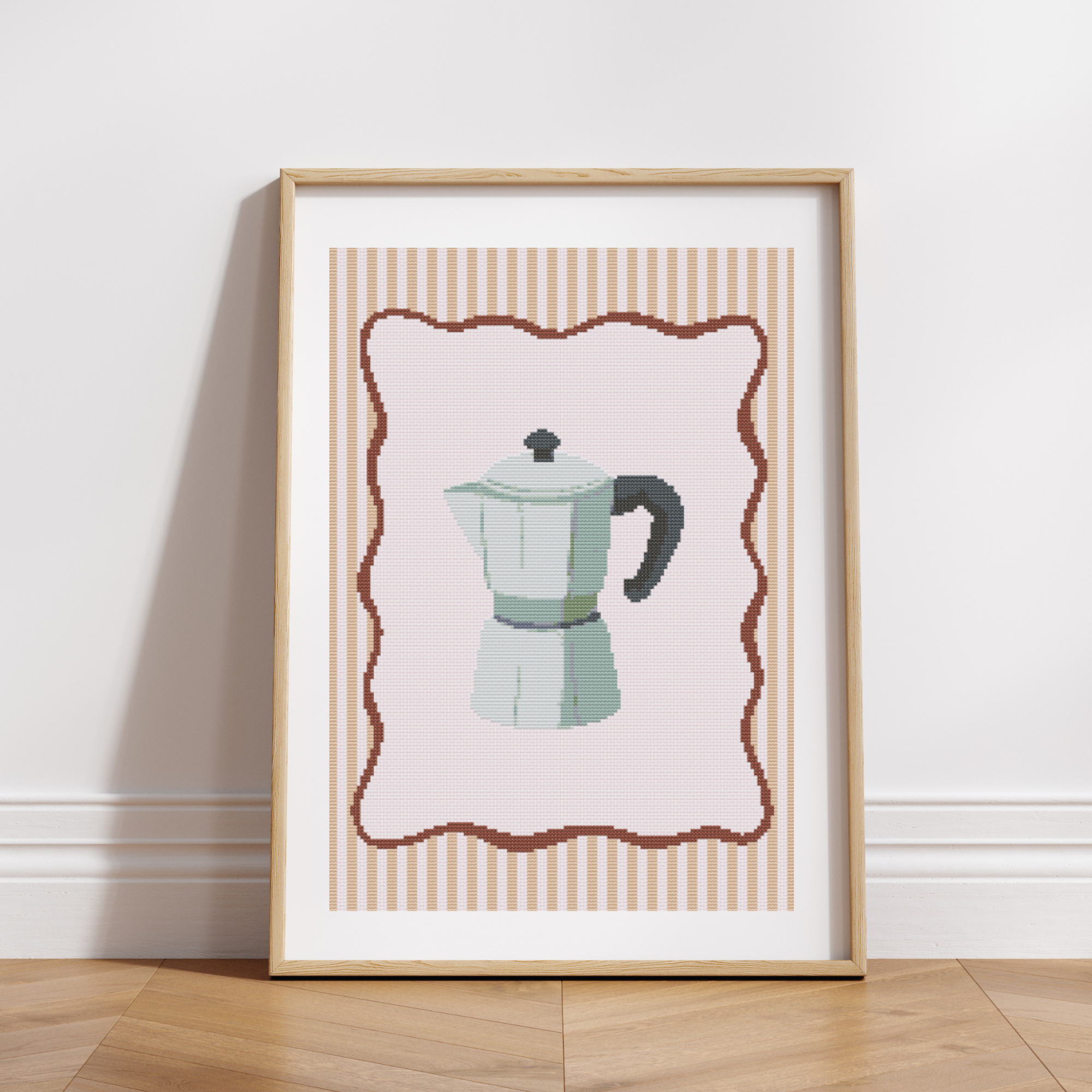 Moka Pot Poster Cross Stitch Pattern with Wavy Frame for Modern & Pretty Kitchen Decor (PDF Chart, Instant Download)
