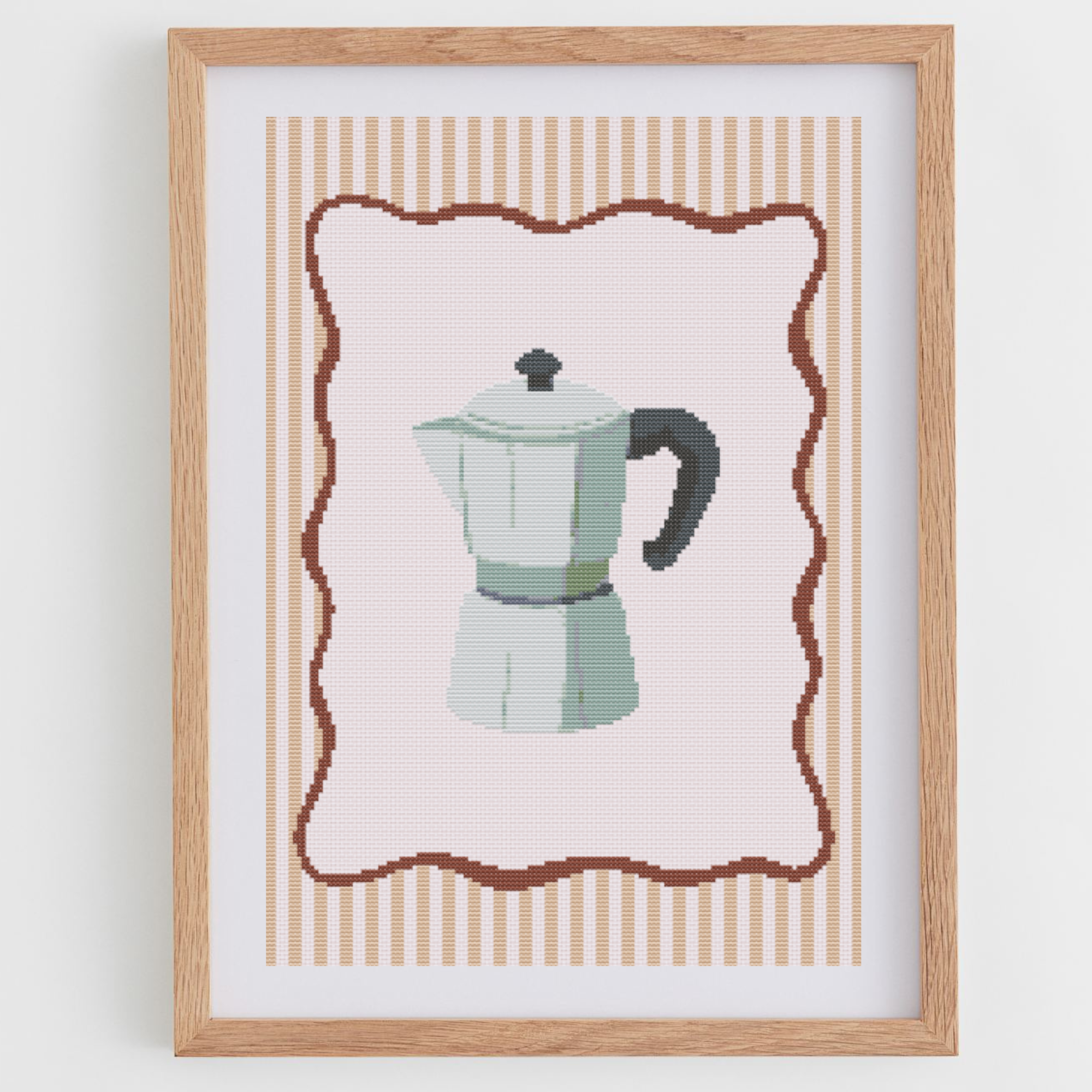 Moka Pot Poster Cross Stitch Pattern with Wavy Frame for Modern & Pretty Kitchen Decor (PDF Chart, Instant Download)