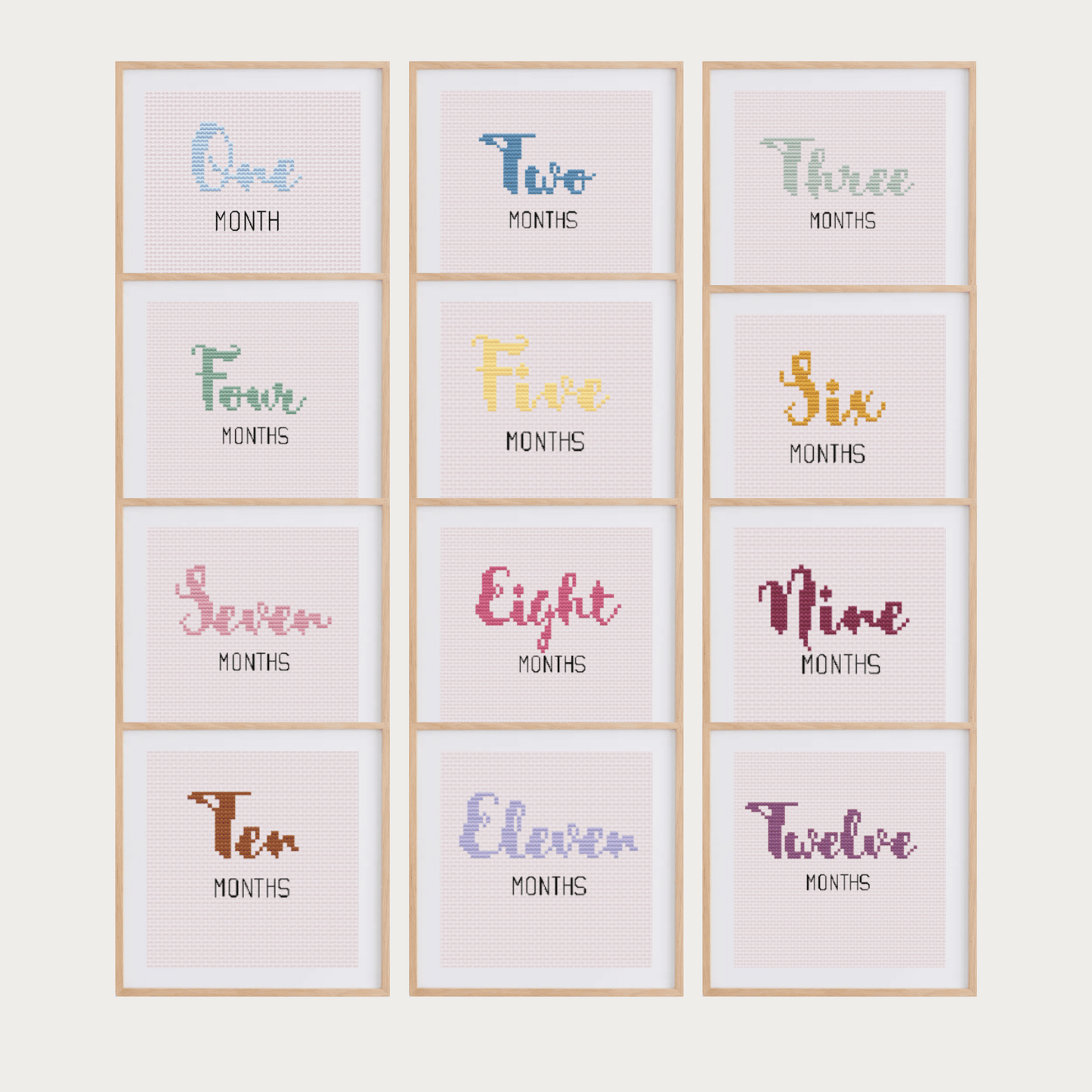 Baby month signs cross-stitch pattern, with twelve months. Ideal handmade gift for a newborn or baby shower!