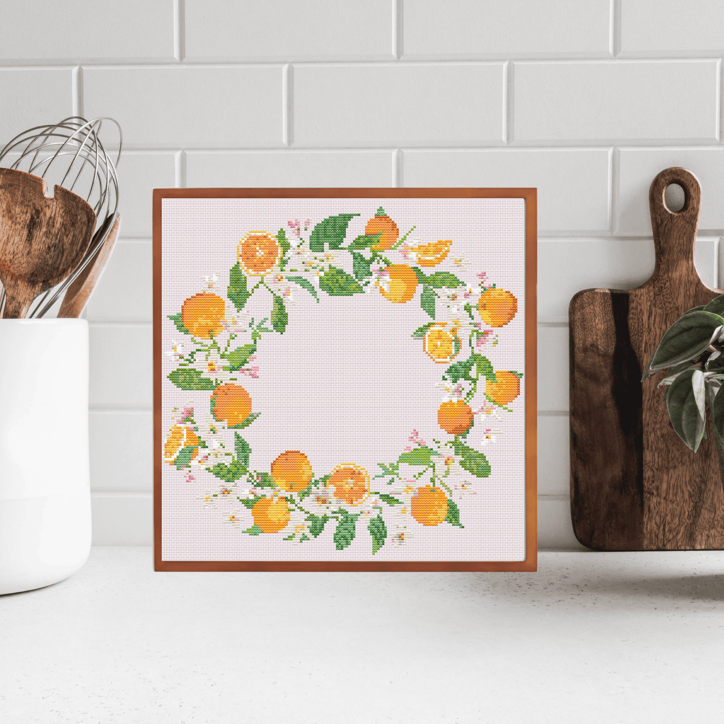 Oranges wreath cross-stitch pattern | Fruit cross stitch patterns | Modern and pretty cross stitch patterns PDF