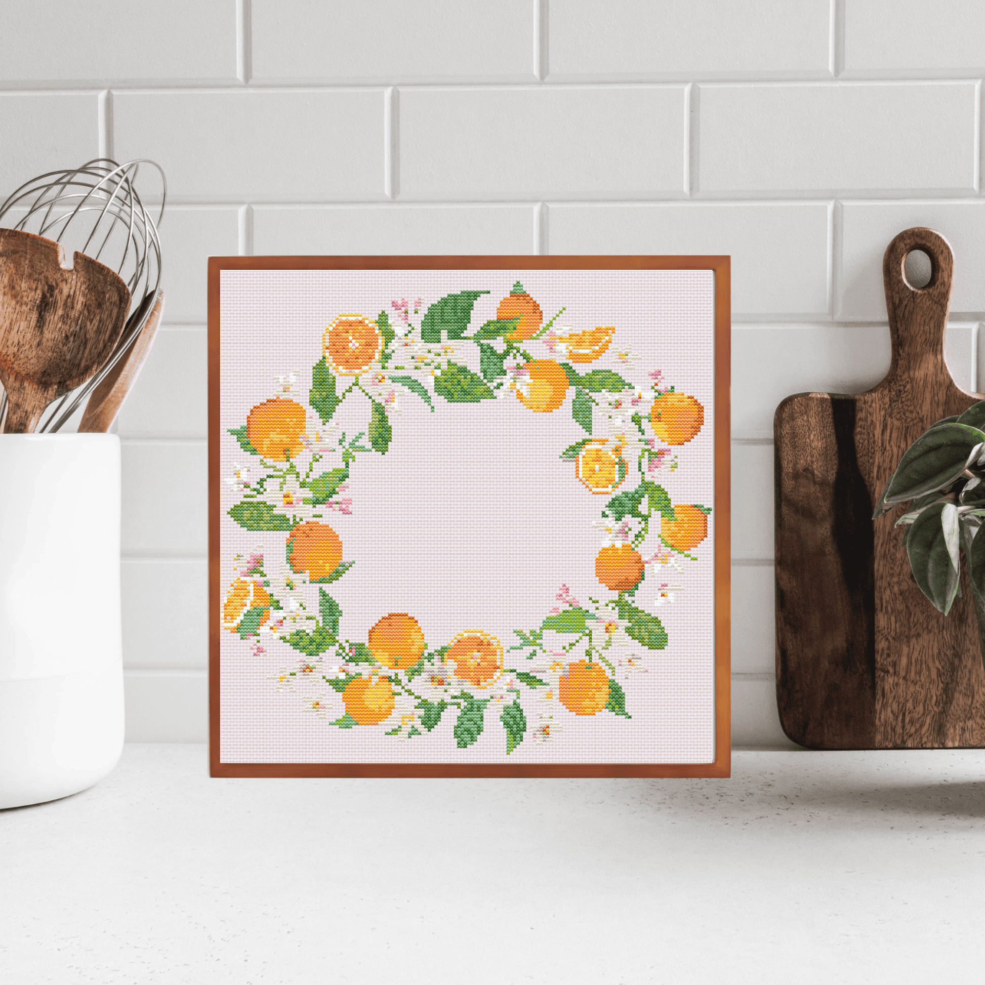 Oranges wreath cross-stitch pattern | Fruit cross stitch patterns | Modern and pretty cross stitch patterns PDF