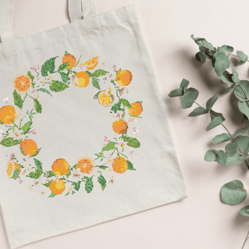 Oranges wreath cross-stitch pattern | Fruit cross stitch patterns | Modern and pretty cross stitch patterns PDF
