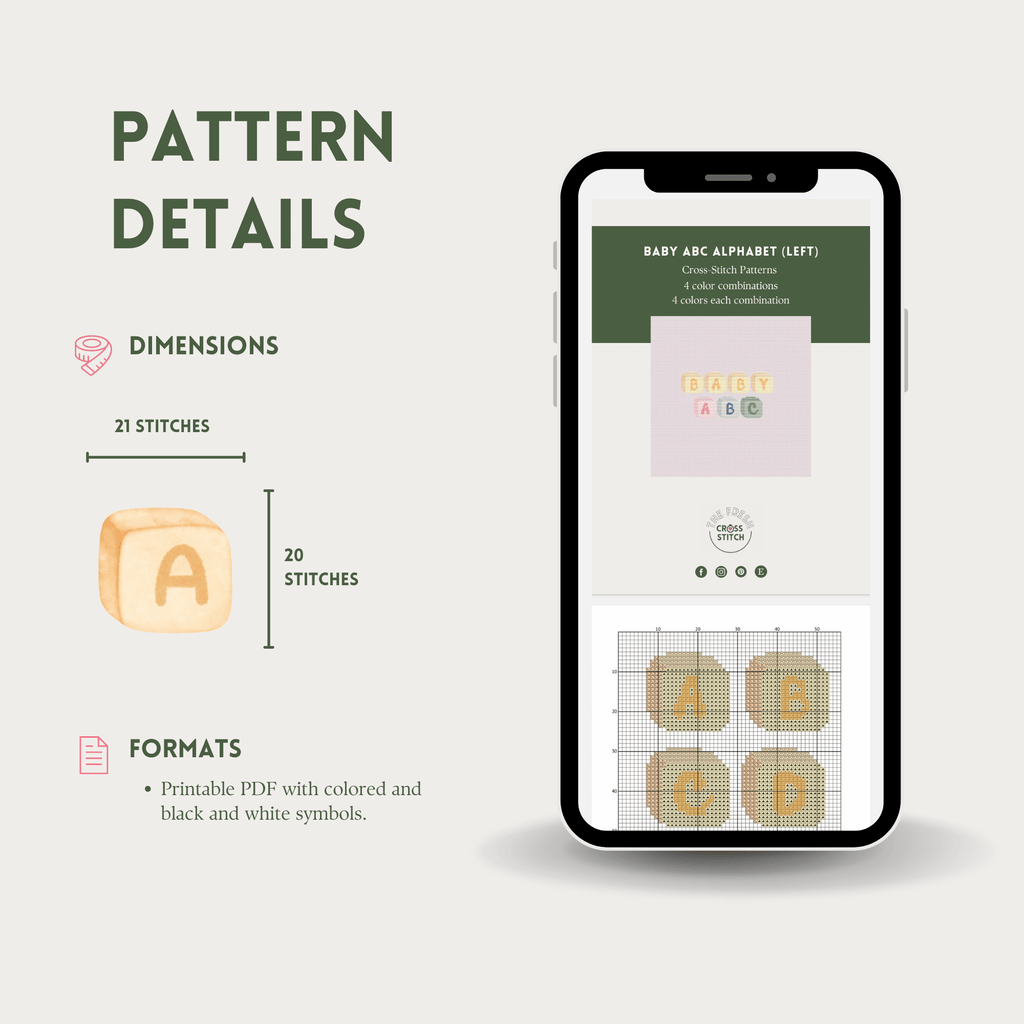 Baby ABC alphabet cross-stitch pattern. Medium cross stitch chart font made of baby cubes, including letters, numbers, and symbols.