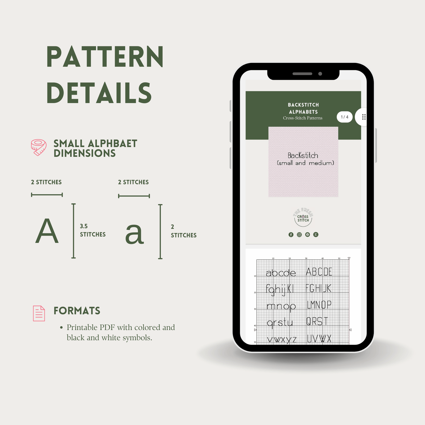 Backstitch alphabet pattern for cross stitch and embroidery projects, in small and medium size.