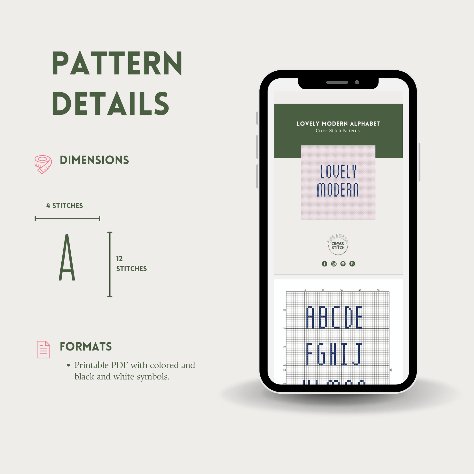 Lovely Modern alphabet cross-stitch pattern. Small elongated cross stitch chart font, including letters, numbers, and symbols.
