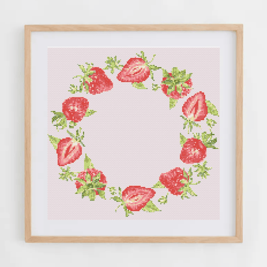 Strawberries wreath cross-stitch pattern | Fruit wreath cross stith charts | Modern and pretty cross stitch charts PDF
