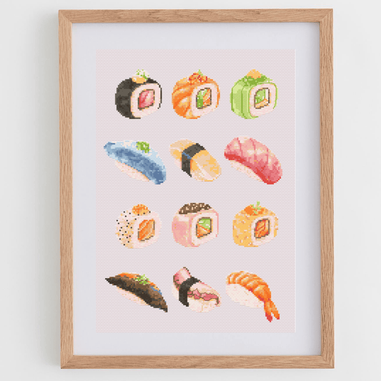 Sushi cross-stitch pattern with sushi rolls and sashimi. Use this cross stitch chart to personalize an apron, a tea towel, or to create a kitchen poster. Download now!