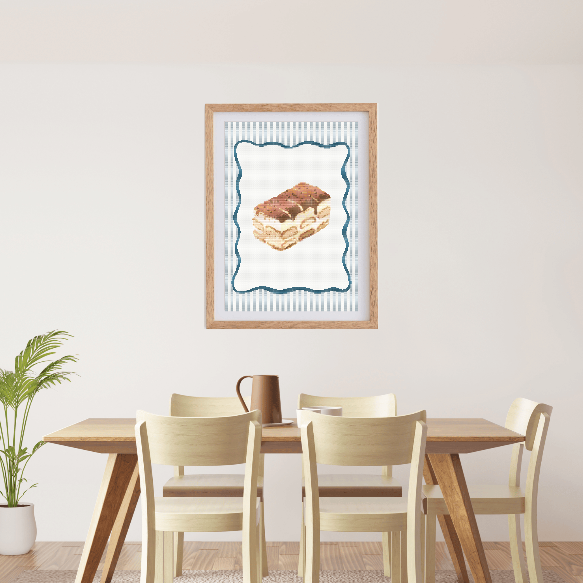 Tiramisu Poster Cross Stitch Pattern with Wavy Frame for Modern & Pretty Kitchen Decor (PDF Chart, Instant Download)