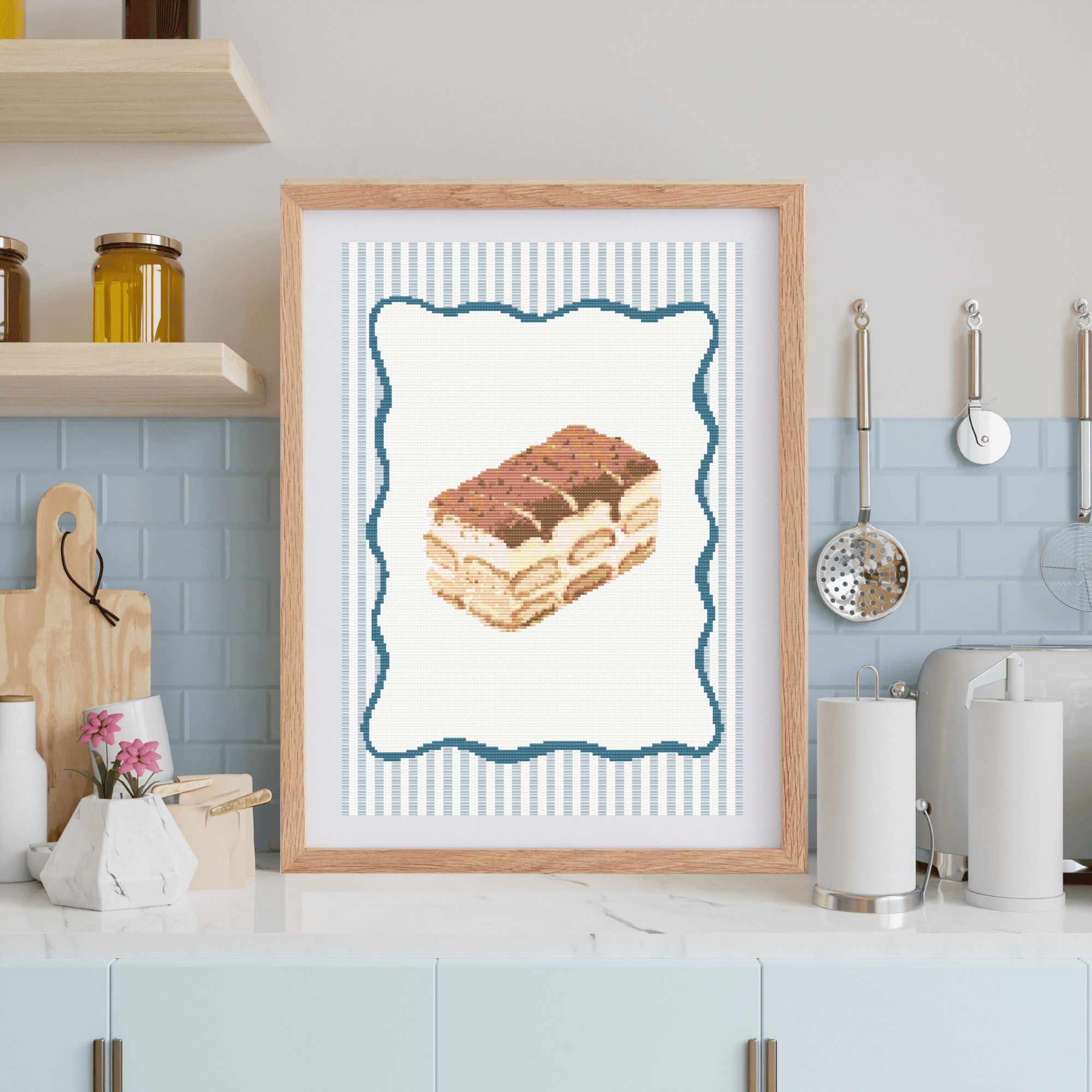 Tiramisu Poster Cross Stitch Pattern with Wavy Frame for Modern & Pretty Kitchen Decor (PDF Chart, Instant Download)