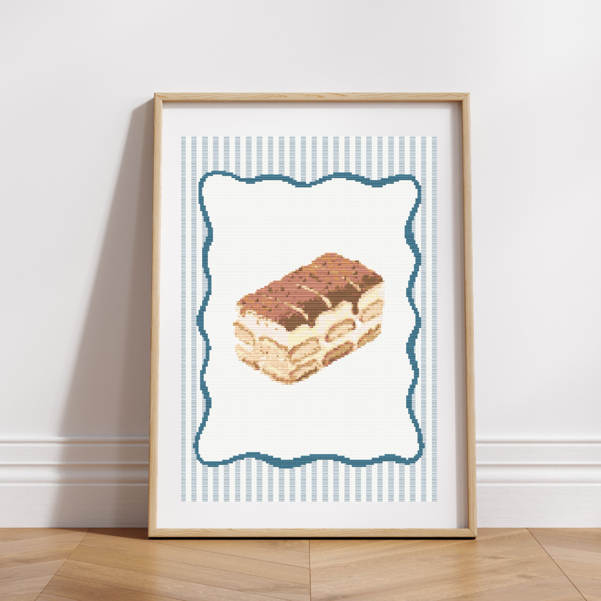 Tiramisu Poster Cross Stitch Pattern with Wavy Frame for Modern & Pretty Kitchen Decor (PDF Chart, Instant Download)