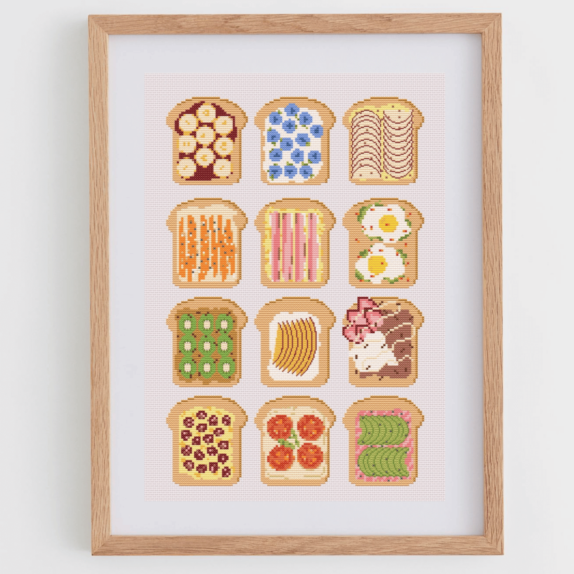 Toast cross-stitch pattern with breakfast and bruch toast. Use this cross stitch chart to personalize an apron, a tea towel, or to create a kitchen poster. Download now!