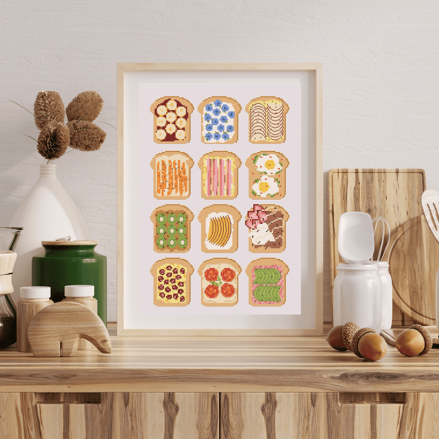 Toast cross-stitch pattern with breakfast and bruch toast. Use this cross stitch chart to personalize an apron, a tea towel, or to create a kitchen poster. Download now!