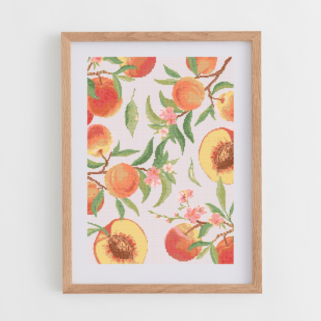 Watercolor peaches cross-stitch pattern | Fruit cross stitch charts | Modern and pretty cross stitch patterns PDF