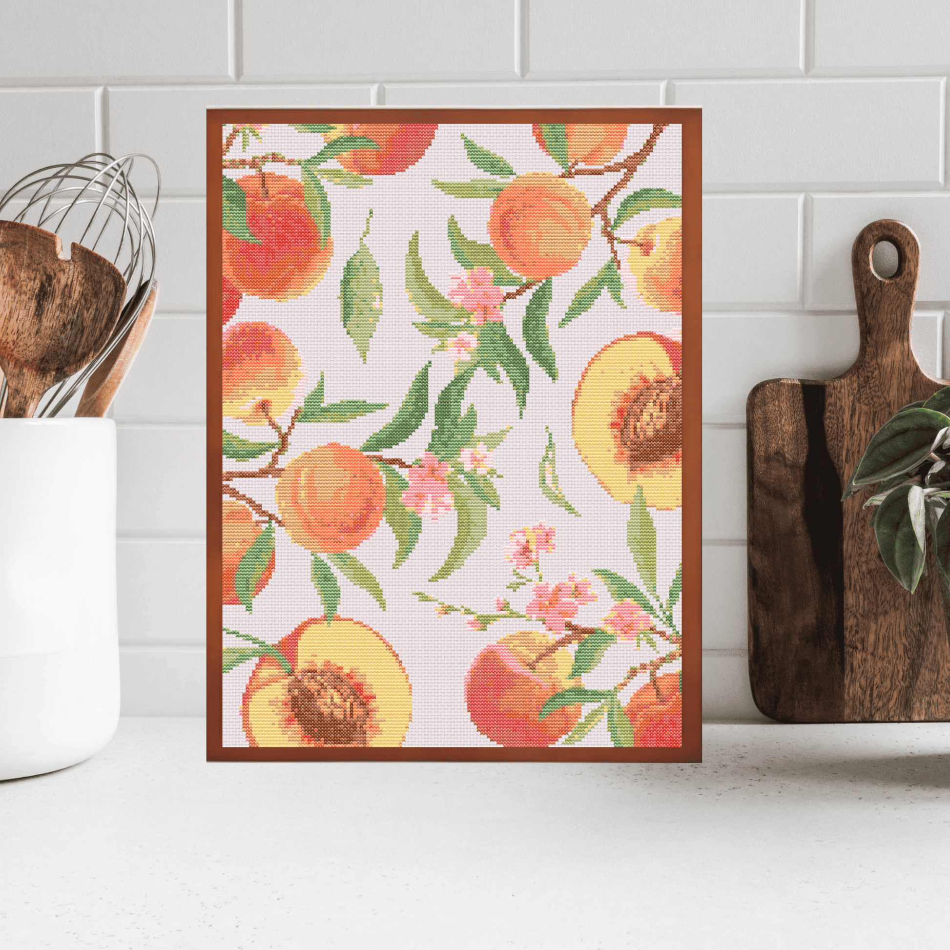 Watercolor peaches cross-stitch pattern | Fruit cross stitch charts | Modern and pretty cross stitch patterns PDF