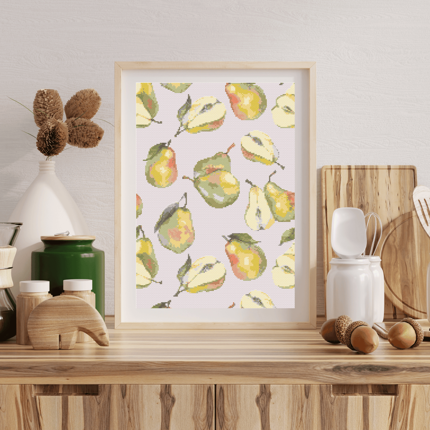 Watercolor pears cross-stitch pattern, perfect to frame or to use as a table mat. Make your own table mat in cross stitch by downloading this pattern.