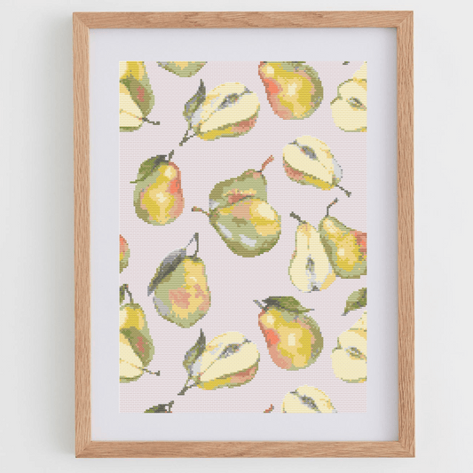 Watercolor pears cross-stitch pattern, perfect to frame or to use as a table mat. Make your own table mat in cross stitch by downloading this pattern.