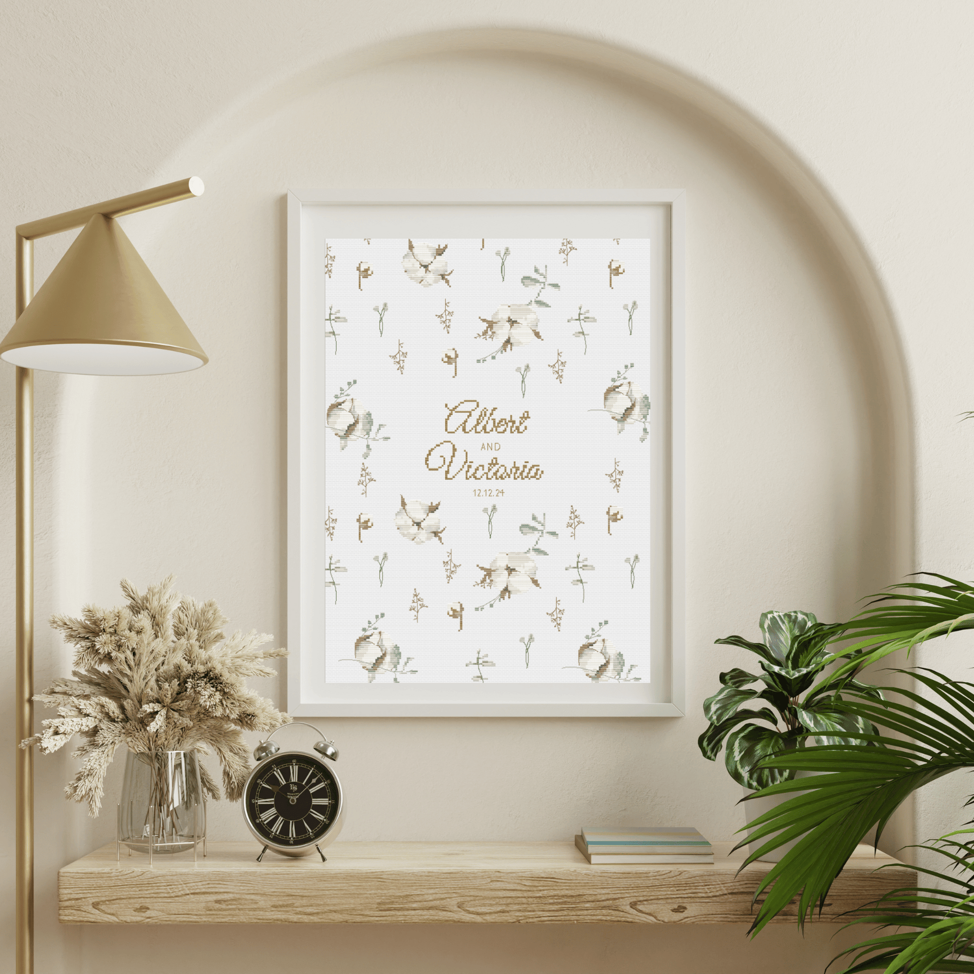 Whismical wedding announcement cross-stitch pattern, with alphabets to personalize the chart with your wedding details.