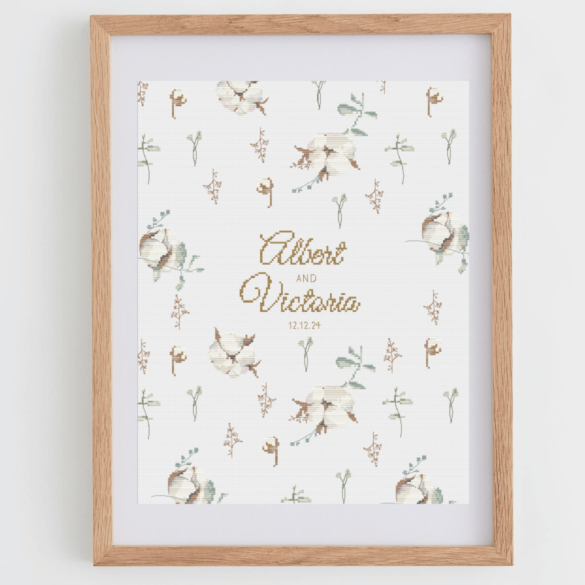 Whismical wedding announcement cross-stitch pattern, with alphabets to personalize the chart with your wedding details.